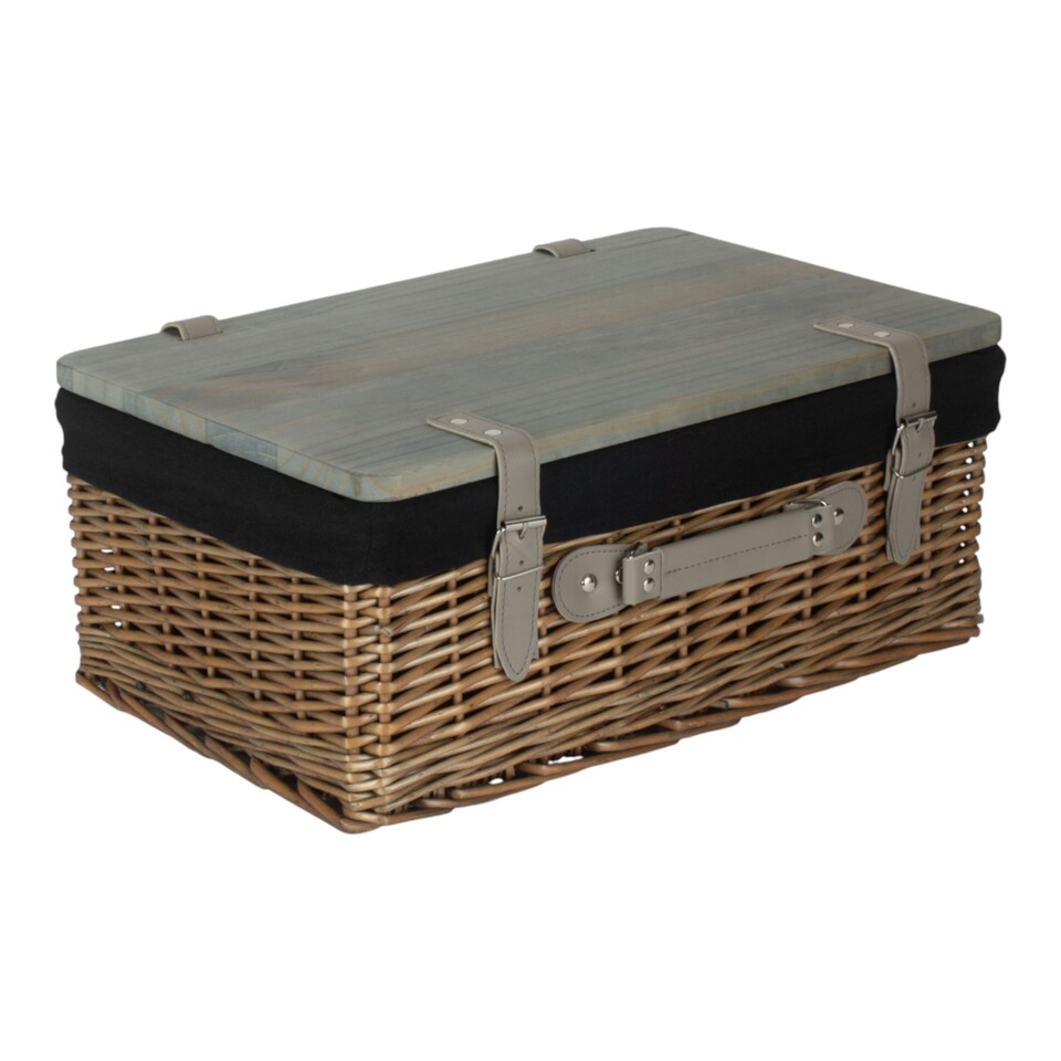 image 1 of 41cm Antique Wash Black Lined Willow Empty Picnic Basket with Pinewood Lid | Brown | Brown | M | 1