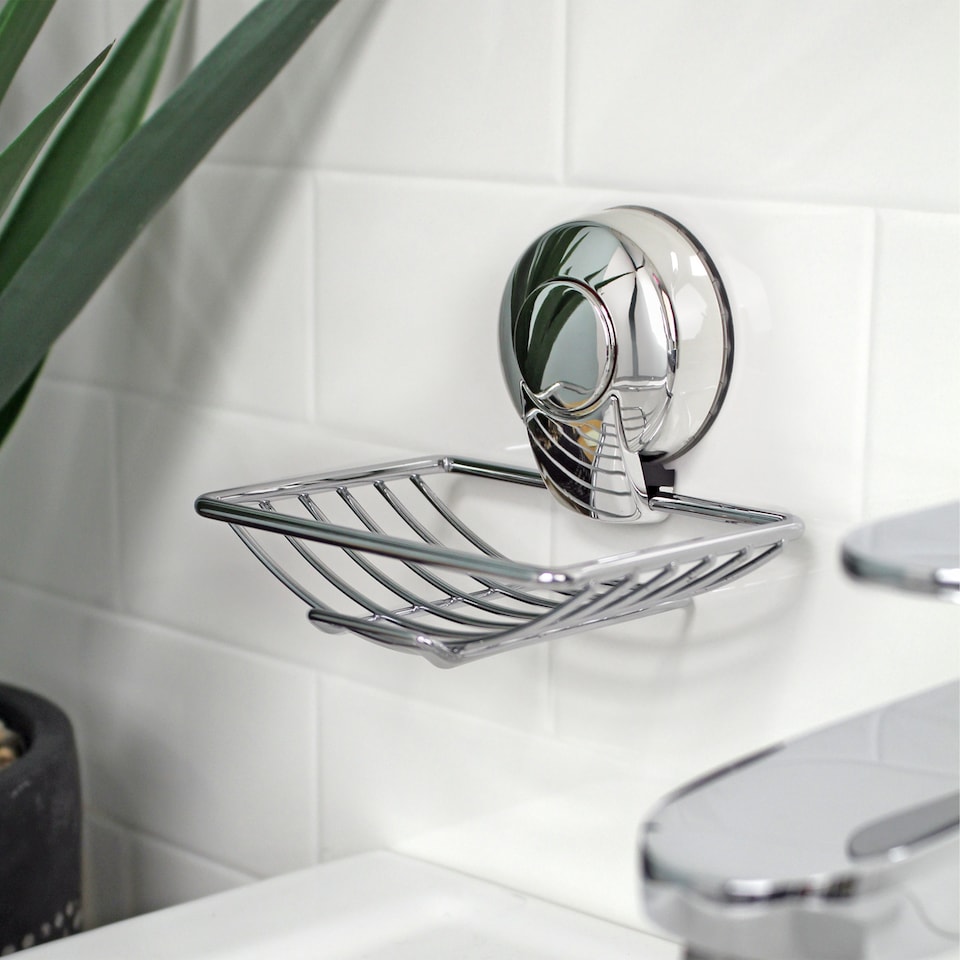 image 1 of Showerdrape Suctionloc Chrome Suction Wall Mounted Soap Basket with Mounting Discs | Silver | 1