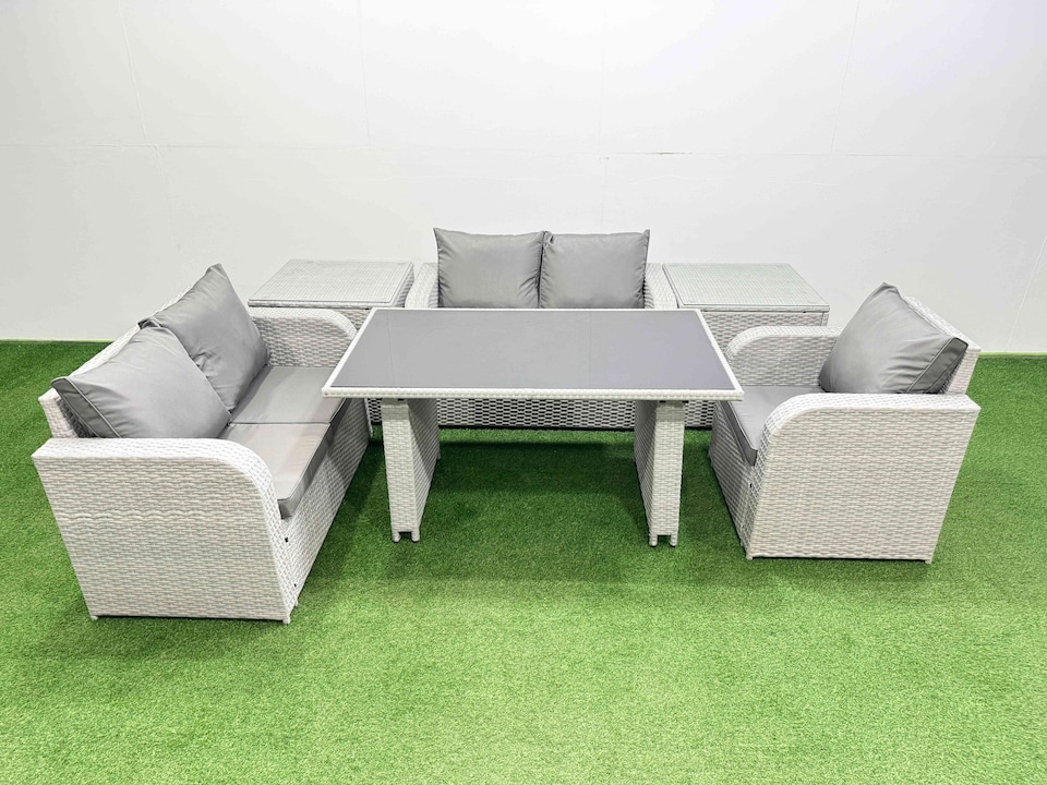 image 1 of Fimous Rattan Sofa Outdoor Furniture with Dining Table,2 Side Tables,Love Sofa Patio Furniture Light Grey 5 Seater