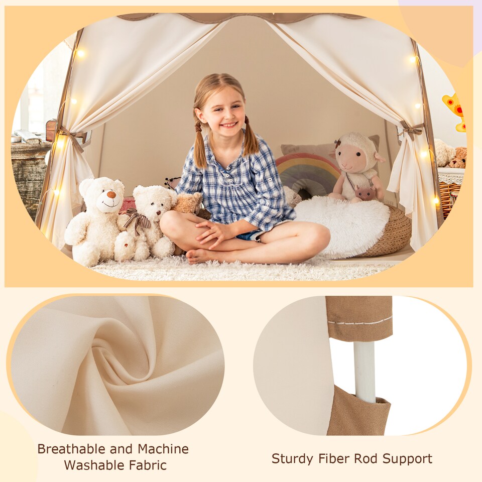 image 1 of COSTWAY Kids Play Tent Indoor & Outdoor Extra Large Playhouse Tent-Coffee
