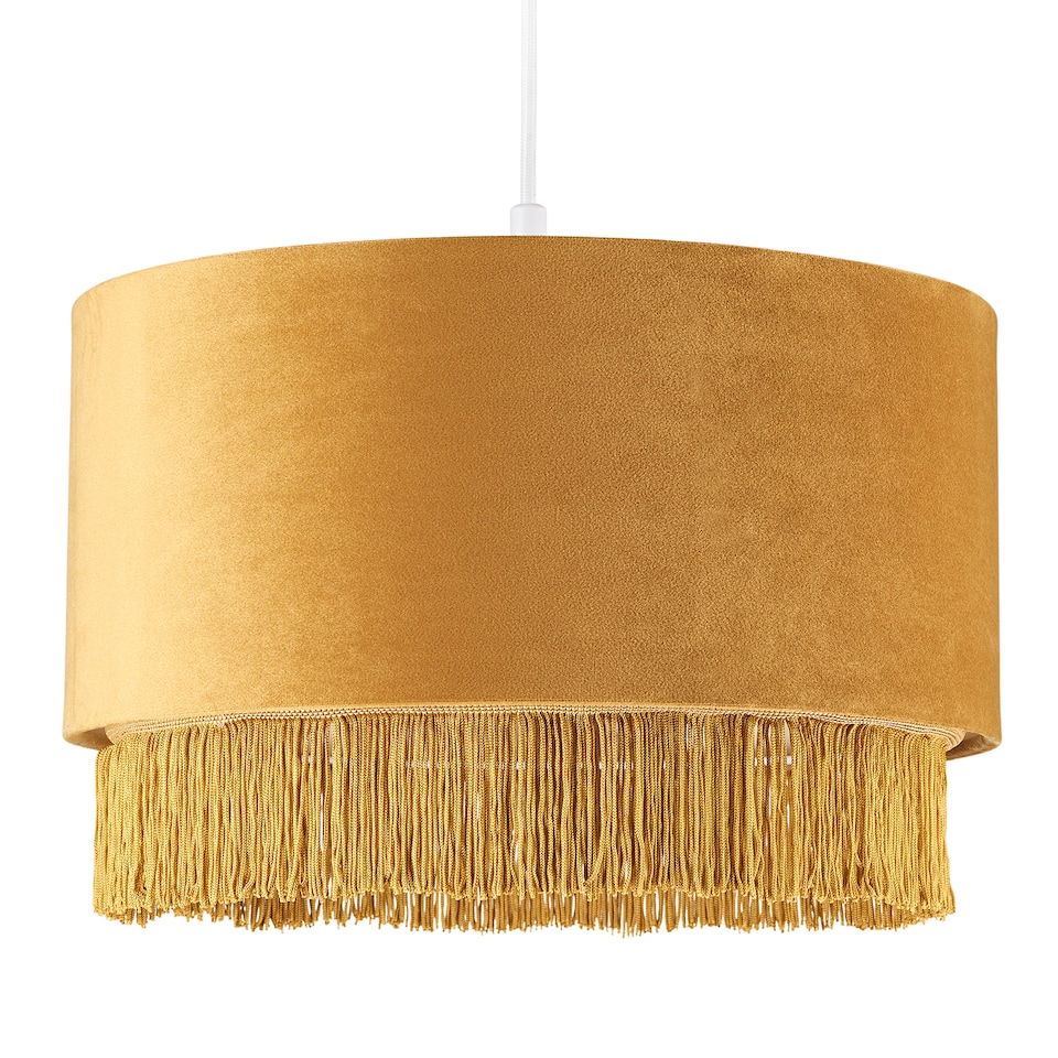 image 1 of Modern Ochre Mustard Drum 14" Pendant Shade with Tassels and Embroidered Trim | Yellow | Ochre | 1