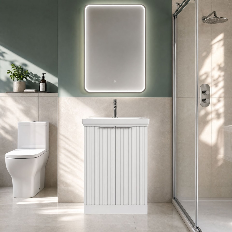 image 1 of Balterley Callingwood Contemporary Floor Standing 2 Door Vanity Unit with Traditional 1 Tap Hole Fireclay Basin , 600mm, Matt White