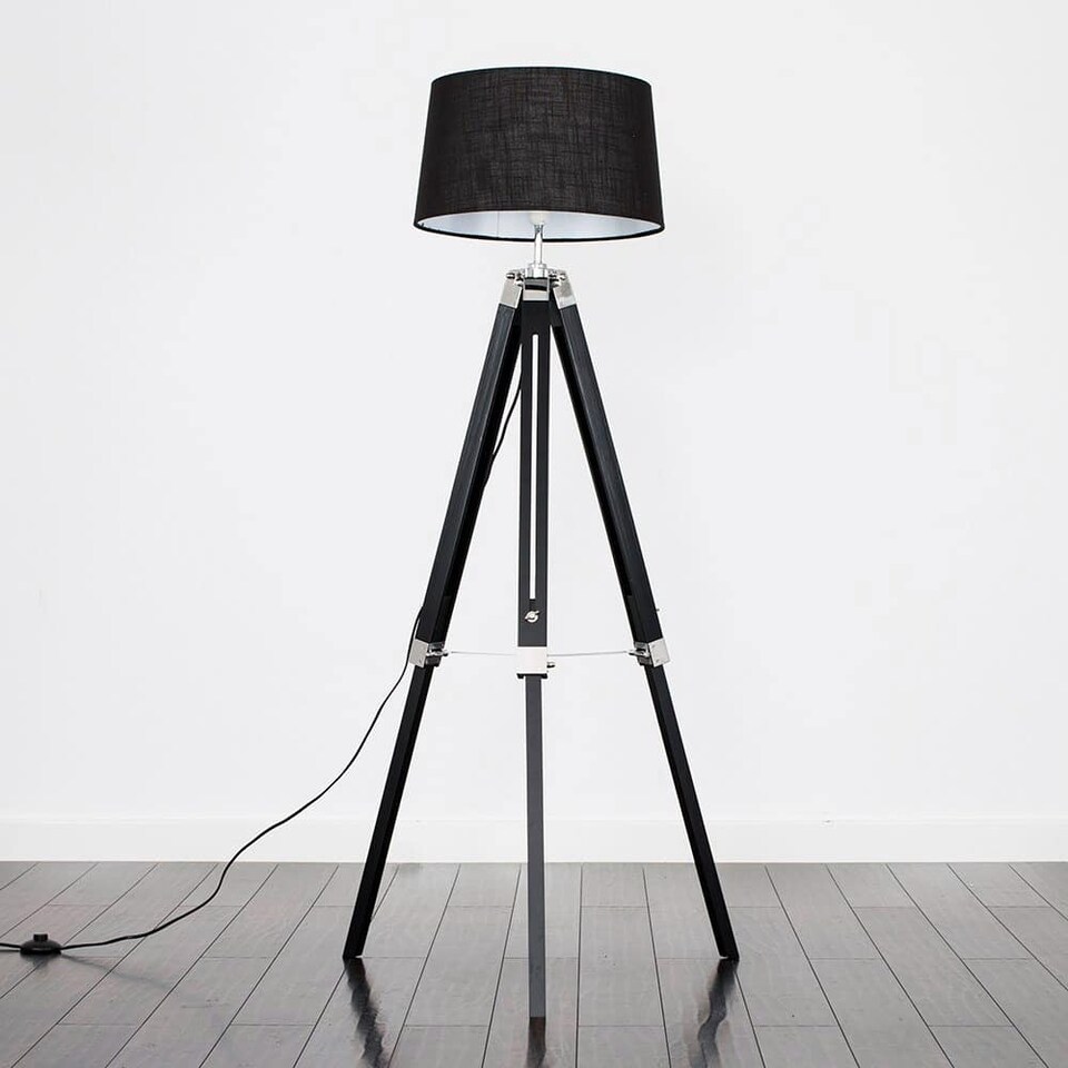 image 1 of ValueLights Clipper Black Wood and Silver Chrome Tripod Floor Lamp with Black Tapered Shade - Complete with 6w LED GLS Bulb | Black