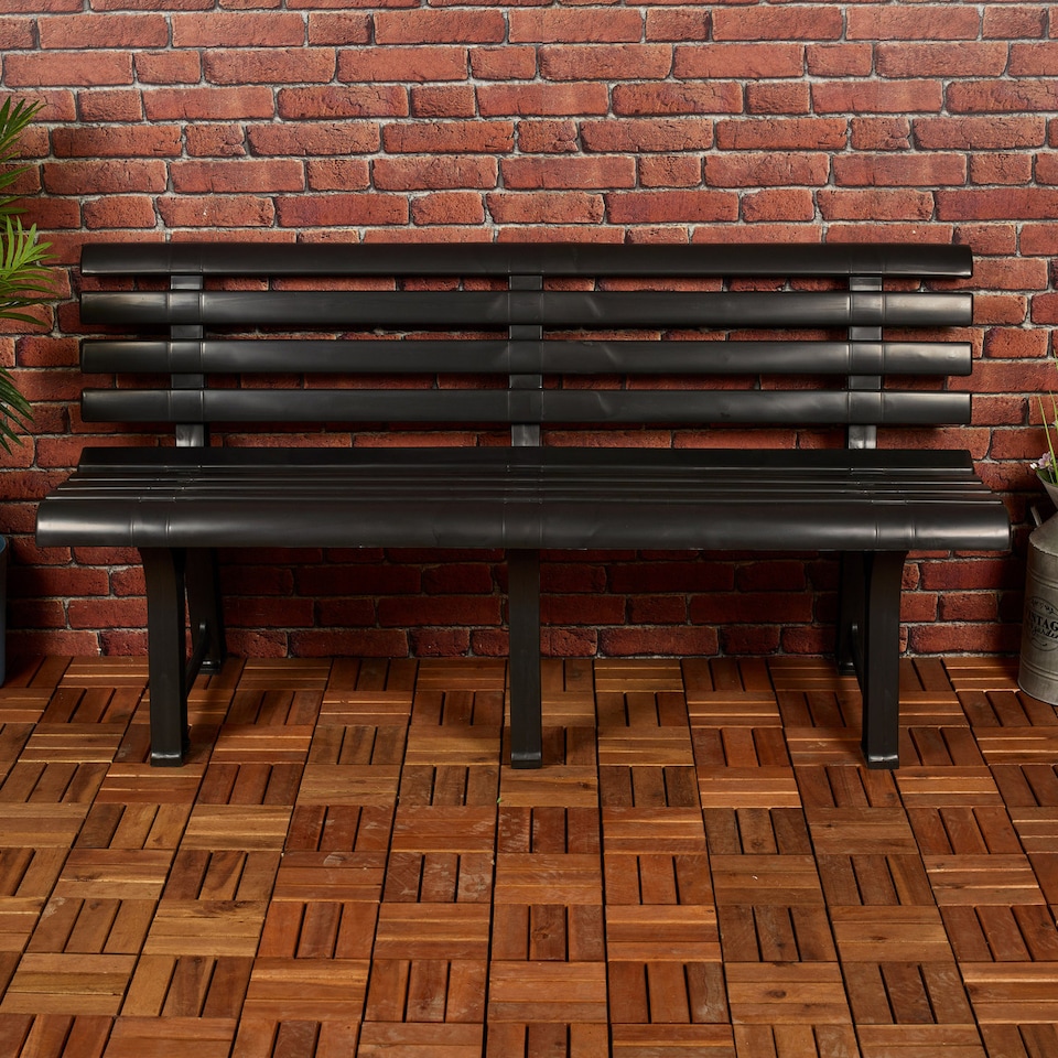 image 1 of 3-Seater Garden Outdoor Plastic Bench - 74x145x49cm | Black | 1