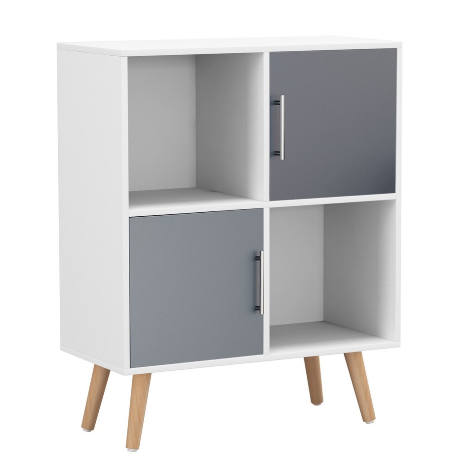 image 1 of White 4-Cube Storage Unit with 2 Metal Handle Doors and Legs | Grey | Grey & Beech | 1