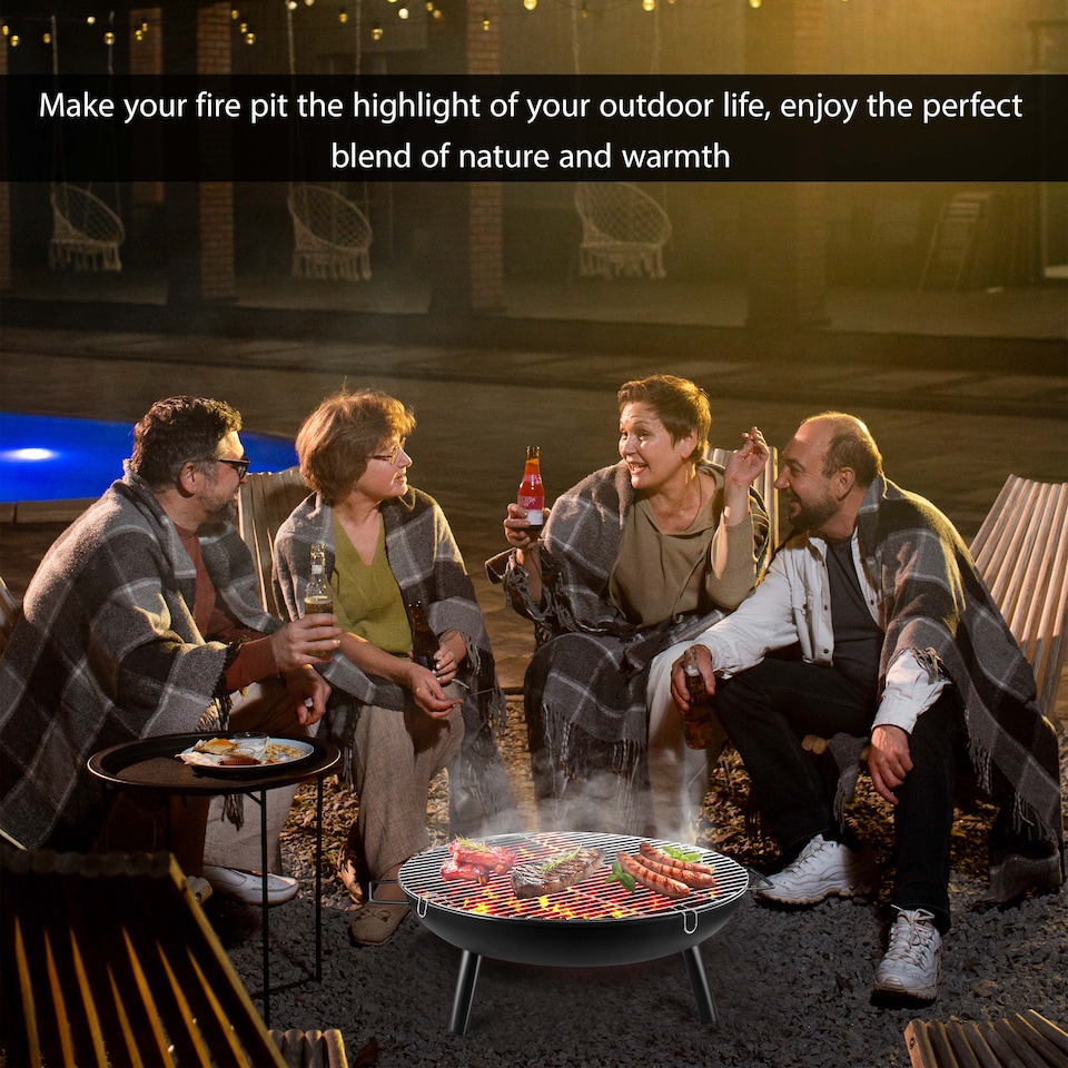 image 1 of 23 Inch Large Round Steel Fire Pit Garden Camping Burner & BBQ Grill