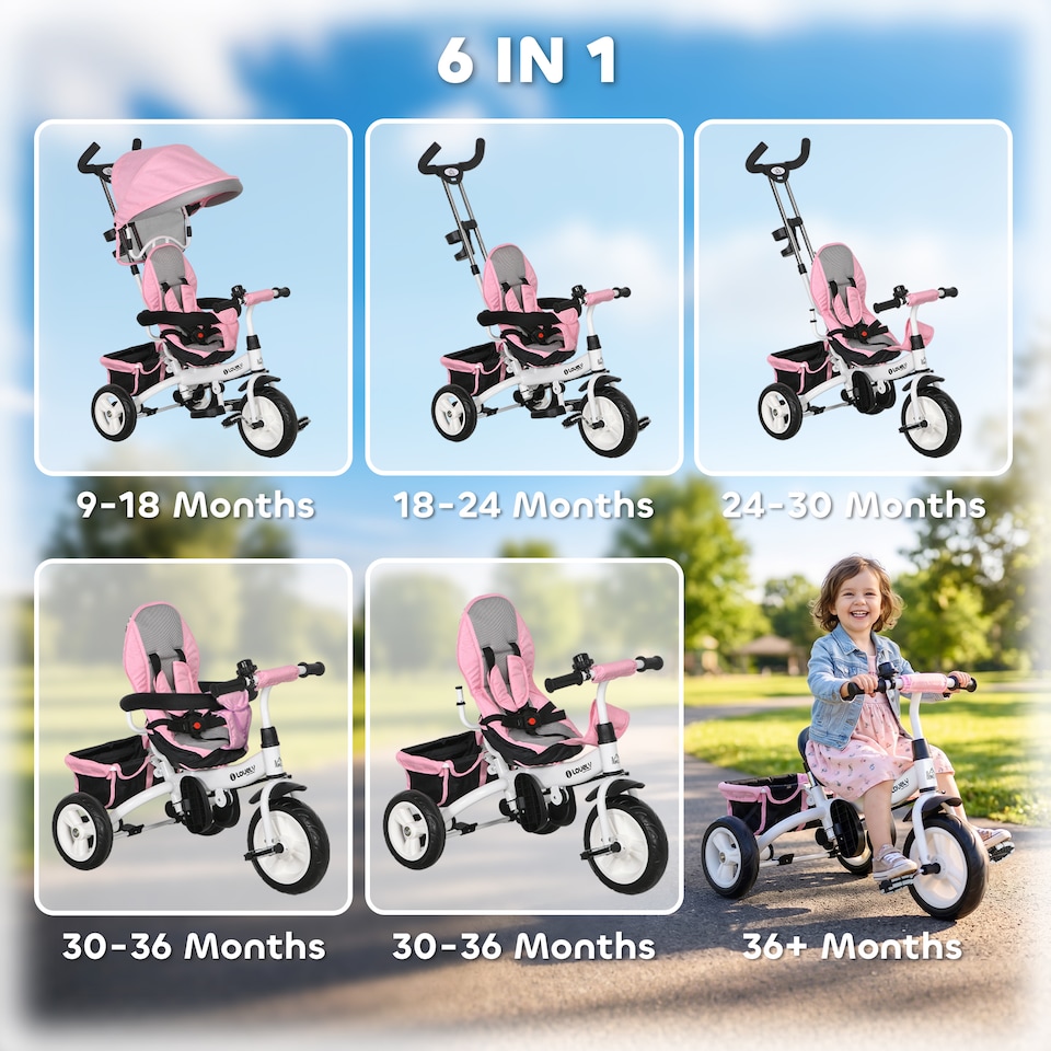 image 1 of HOMCOM 6 in 1 Baby Trike, Kids Trike, Stroller with Parent Handle, Pink