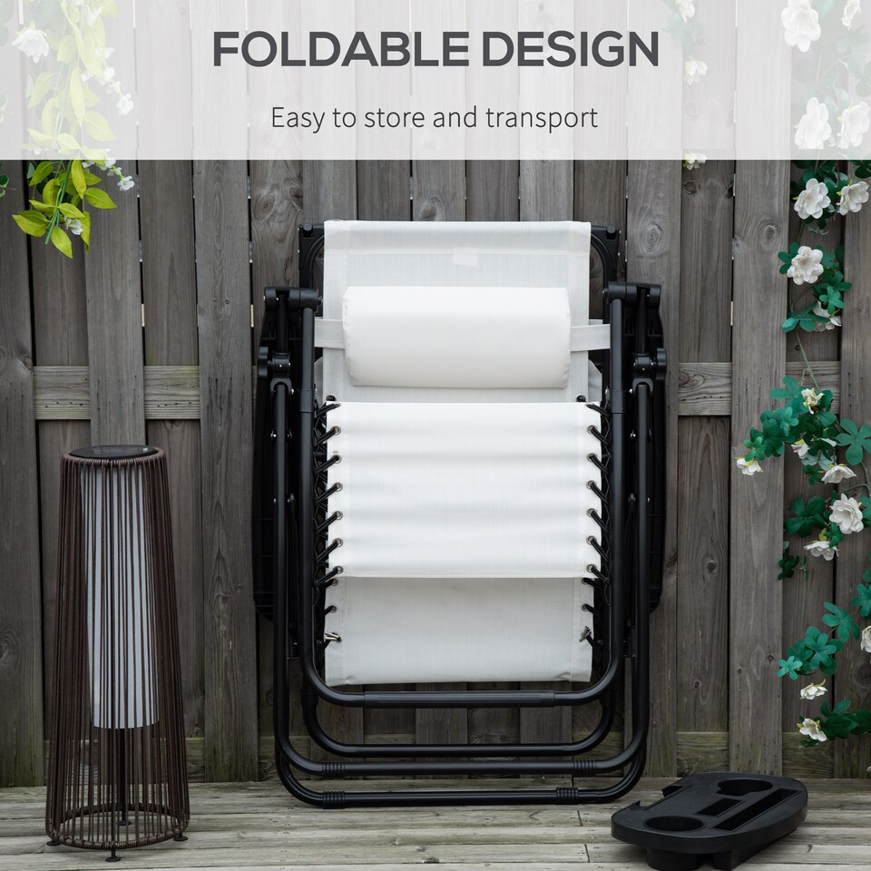 image 1 of Outsunny Foldable Reclining Garden Chair with Headrest, Zero Gravity Deck Sun Lounger Seat Chair with Footrest, Armrest, Cup Holder & Canopy Shade, White