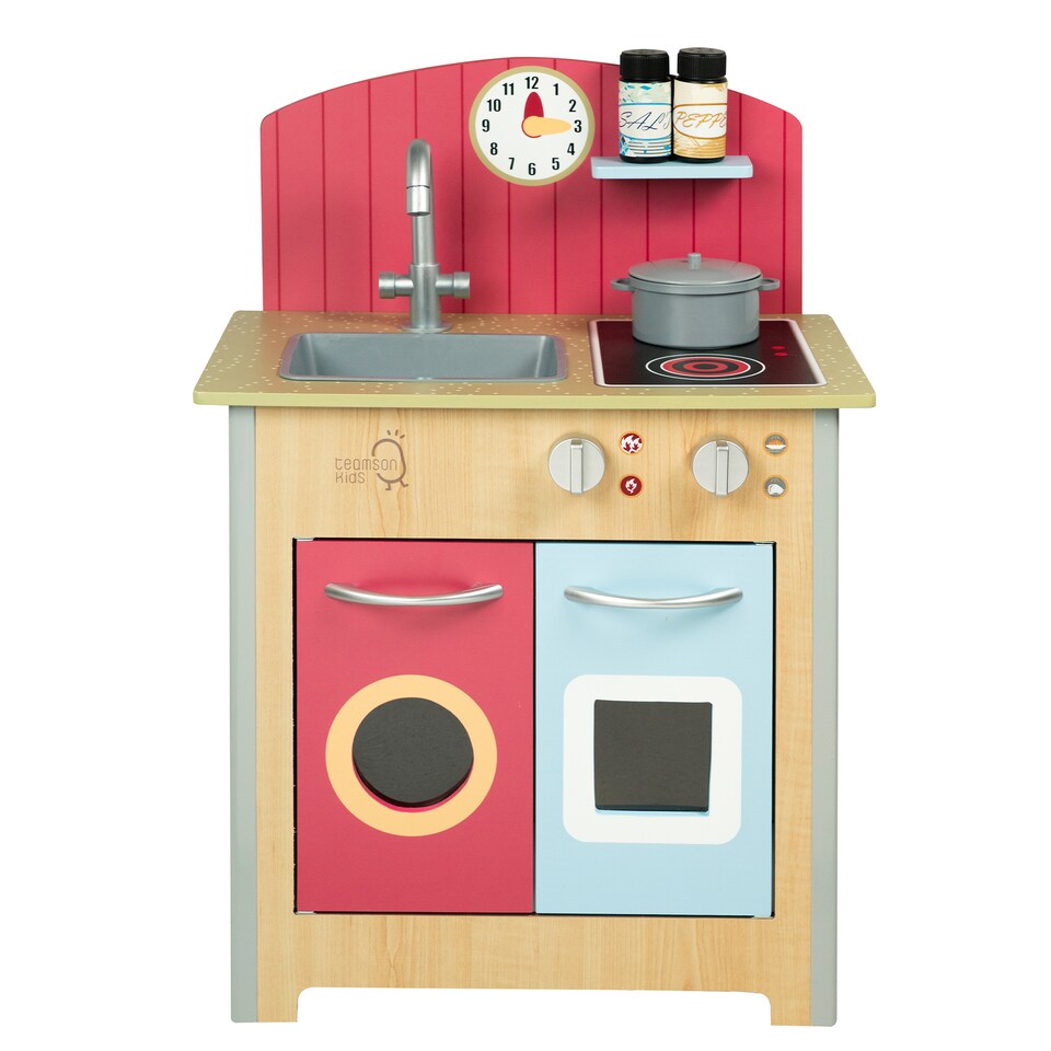 image 1 of Teamson Kids Wooden Play Kitchen with 4 Accessories, Red, Porto