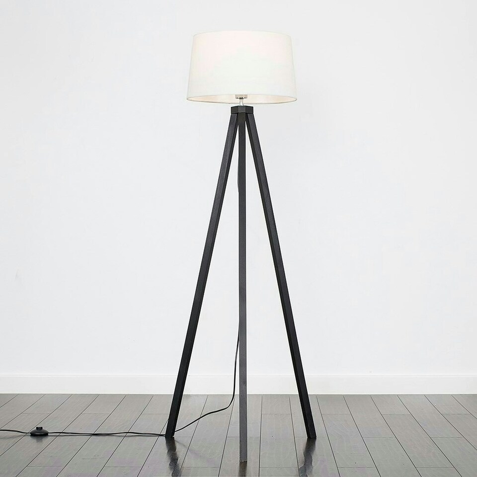 image 1 of ValueLights Modern Black Wood Tripod Floor Lamp With White Shade