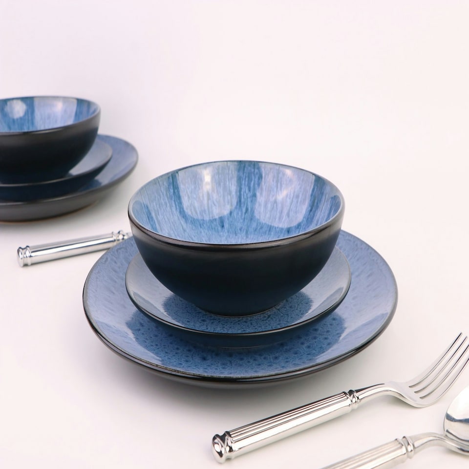 image 1 of 12pc Reactive Glaze Blue Dinner Set