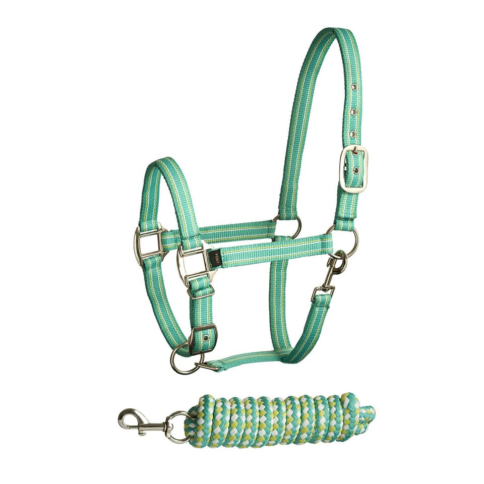 Bitz Two Tone Horse Headcollar and Leadrope Set - Aqua Blue/Lime Green - Pony