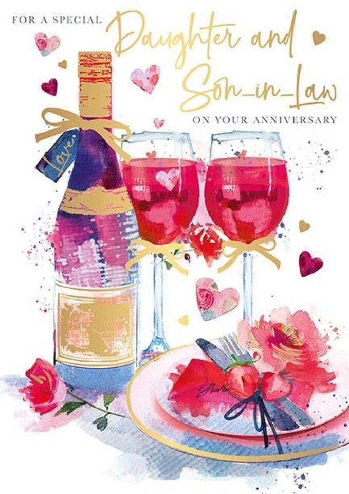 Words 'n' Wishes Special Daughter and Son-in-Law Large Anniversary Card - Red Wine, Hearts and Flowers Embossed with Foil Details - Eco-Friendly