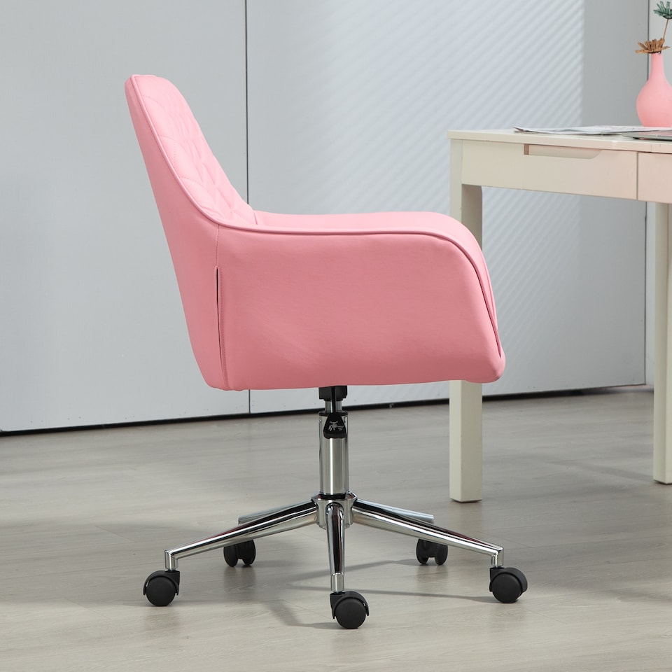 image 1 of Vinsetto Office Desk Chair, Leather-Feel Fabric Computer Swivel Chair with Rolling Wheels and Adjustable Height for Home, Pink