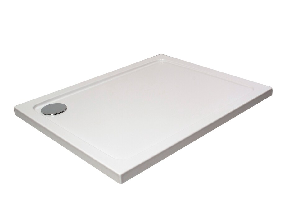 image 1 of White Rectangular Stone Anti-Slip Shower Tray with Corner Waste, 1400x760mm | White | White