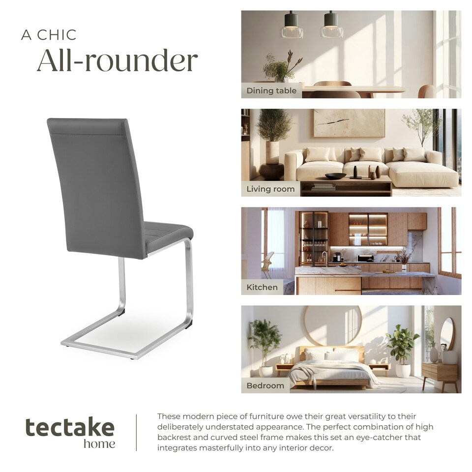 image 1 of Dining Chairs - cantilevered, high backrest, flat steel frame - Set of 2 Grey