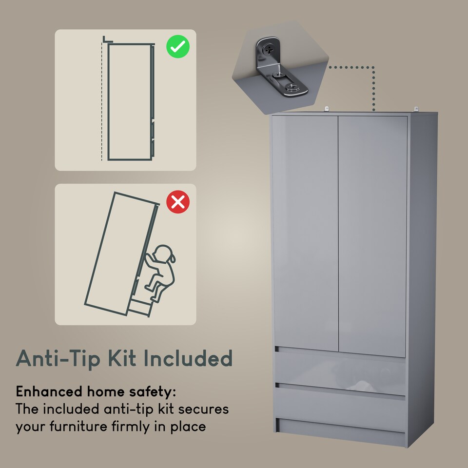 image 1 of Vida Designs Glinton 2 Door 2 Drawer Wardrobe With Clothes Rail, Grey