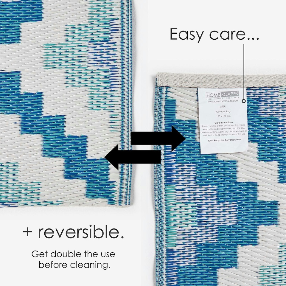 image 1 of Homescapes Outdoor Rug Luxury Waterproof Reversible Recycled, For Garden, Mia Aztec Blue | 120 x 180 cm
