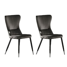 Set of 2 New York Modern Velvet Dining Chairs with High Back, Black Metal Legs | Grey | Silver End Tips