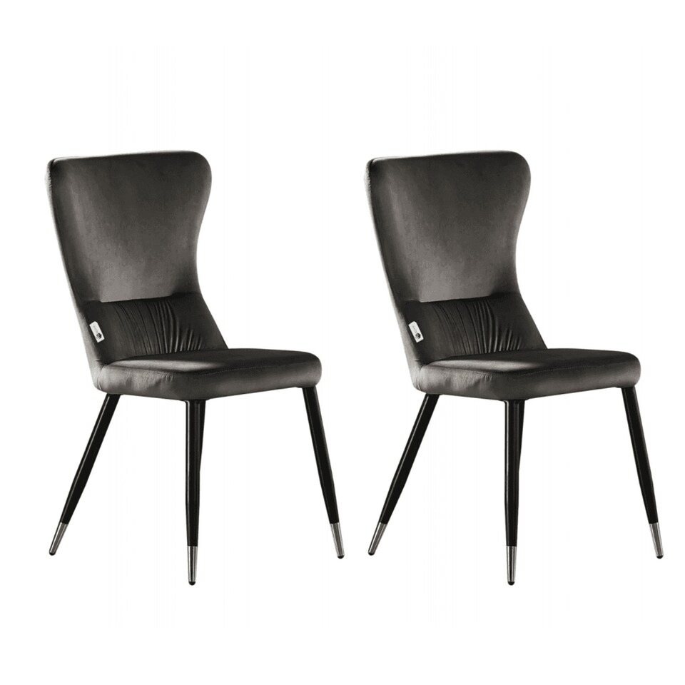 image 1 of Set of 2 New York Modern Velvet Dining Chairs with High Back, Black Metal Legs | Grey | Silver End Tips