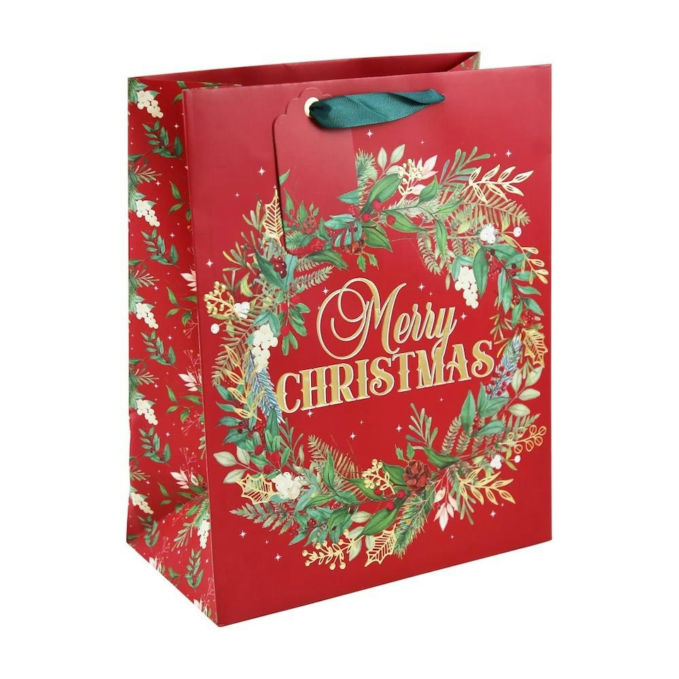 Pack of 12 Merry Christmas Wreath Embossed Large Red Gift Bags