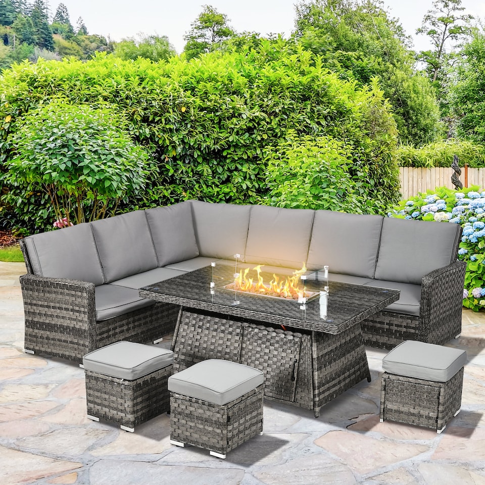 image 1 of Outsunny 7 Pieces Rattan Garden Furniture Set w/ 50,000 BTU Fire Pit Table | Grey | Grey