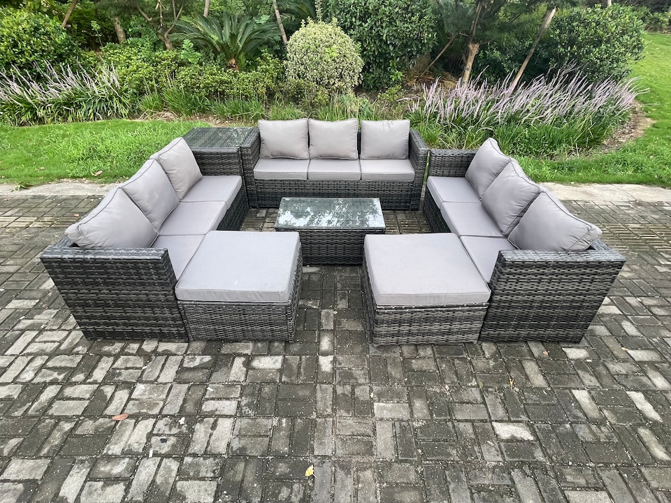image 1 of Fimous Outdoor Lounge Sofa Set Wicker PE Rattan Garden Furniture Set with Oblong Coffee Table Side Table 2 Big Footstool 11Seater Dark Grey Mixed