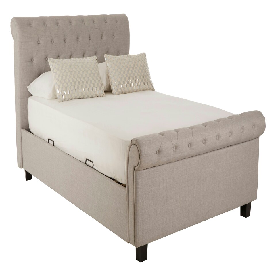 image 1 of Interiors By Premier Contemporary Light Grey Double Ottoman Bed, Elegant Diamond Patterned Bedroom Bed, Ottoman Stud Detailed Bed
