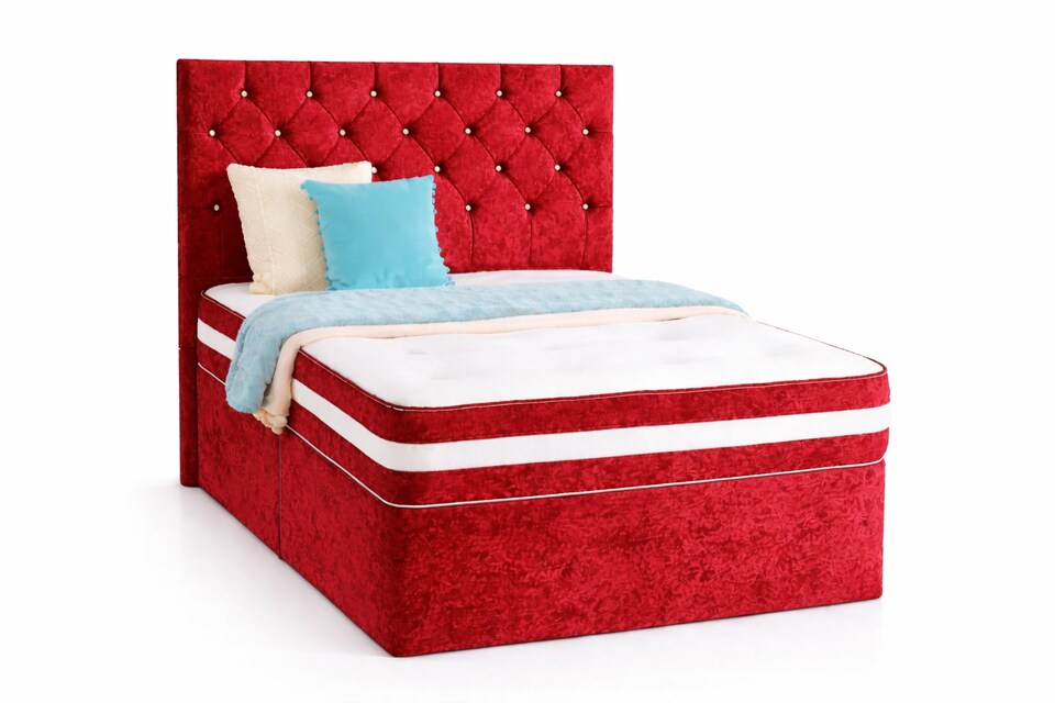 Chesterfield Red Crushed Velvet Kingsize 5ft  Divan Bed With 54inch Floorstanding Headboard and Mattress 2 Drawers One Each Side