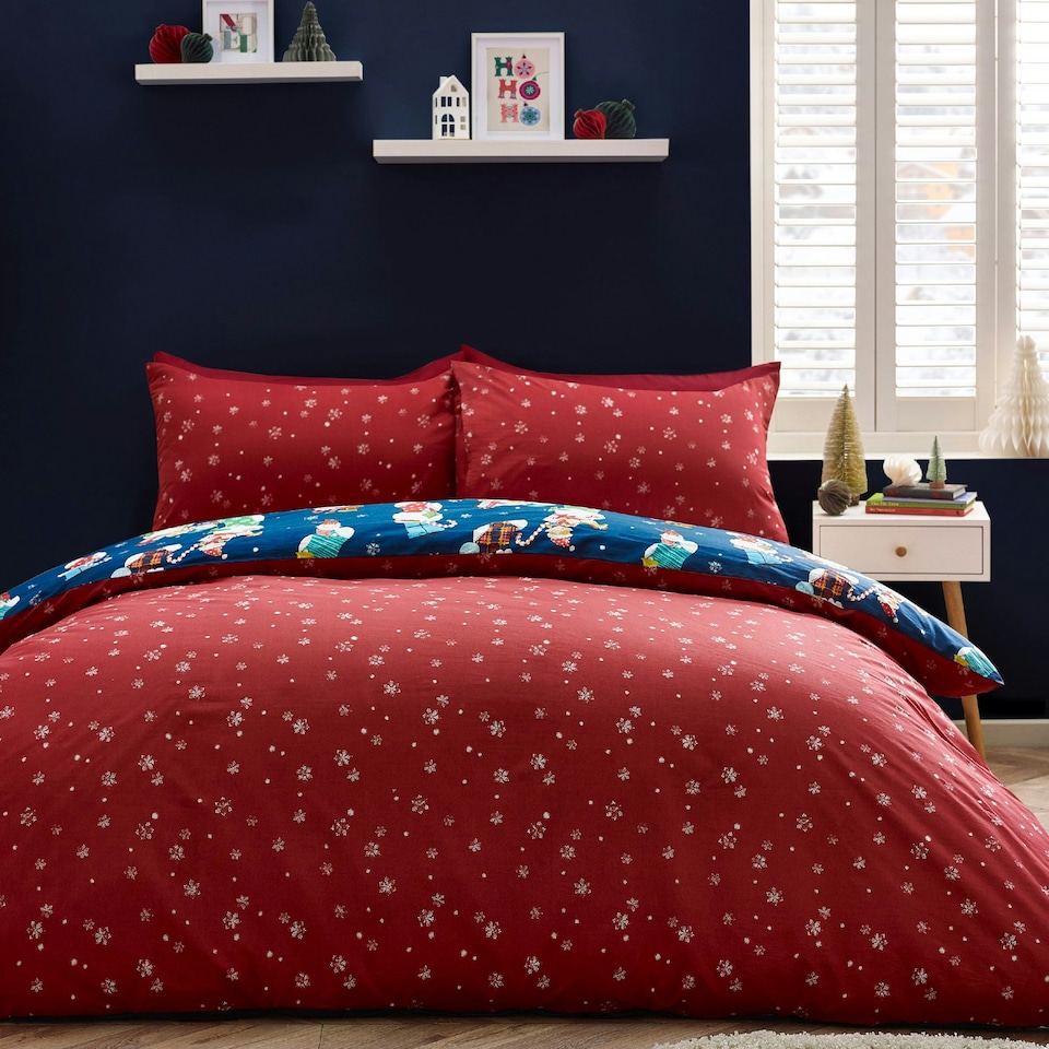 image 1 of Catherine Lansfield Christmas Elves Cotton Rich Duvet Cover Set Navy Blue | Blue | Navy Blue | Single
