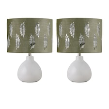 Set of 2 Tuscan - White Ceramic Lamps with Sage Green Fern Shade | White | Green | Large | 2