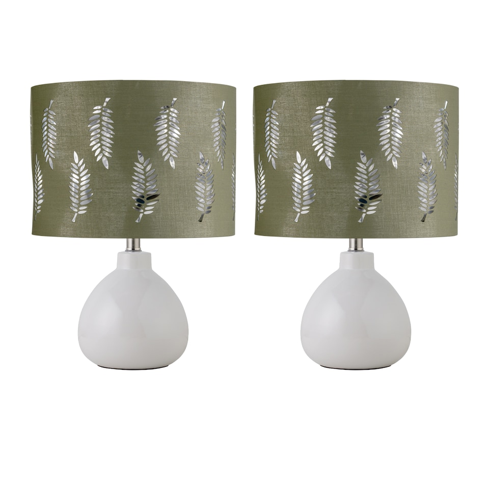 image 1 of Set of 2 Tuscan - White Ceramic Lamps with Sage Green Fern Shade | White | Green | Large | 2