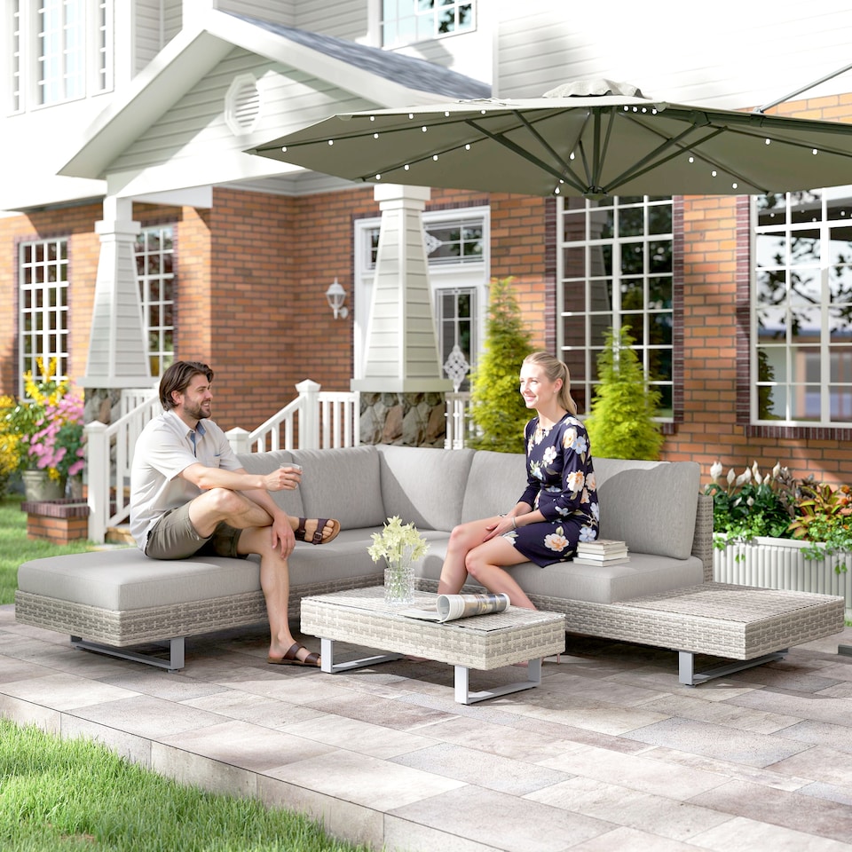 image 1 of Outsunny 3pc Rattan Wicker Sofa Set with Tea Table & Cushions