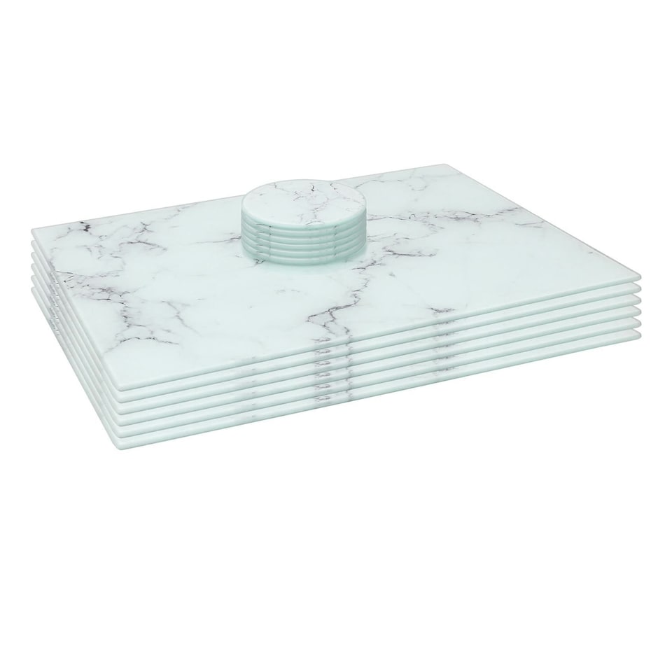 image 1 of Harbour Housewares 12 Piece Glass Dining Set - Marble - 40 x 30cm Placemats & Coasters White