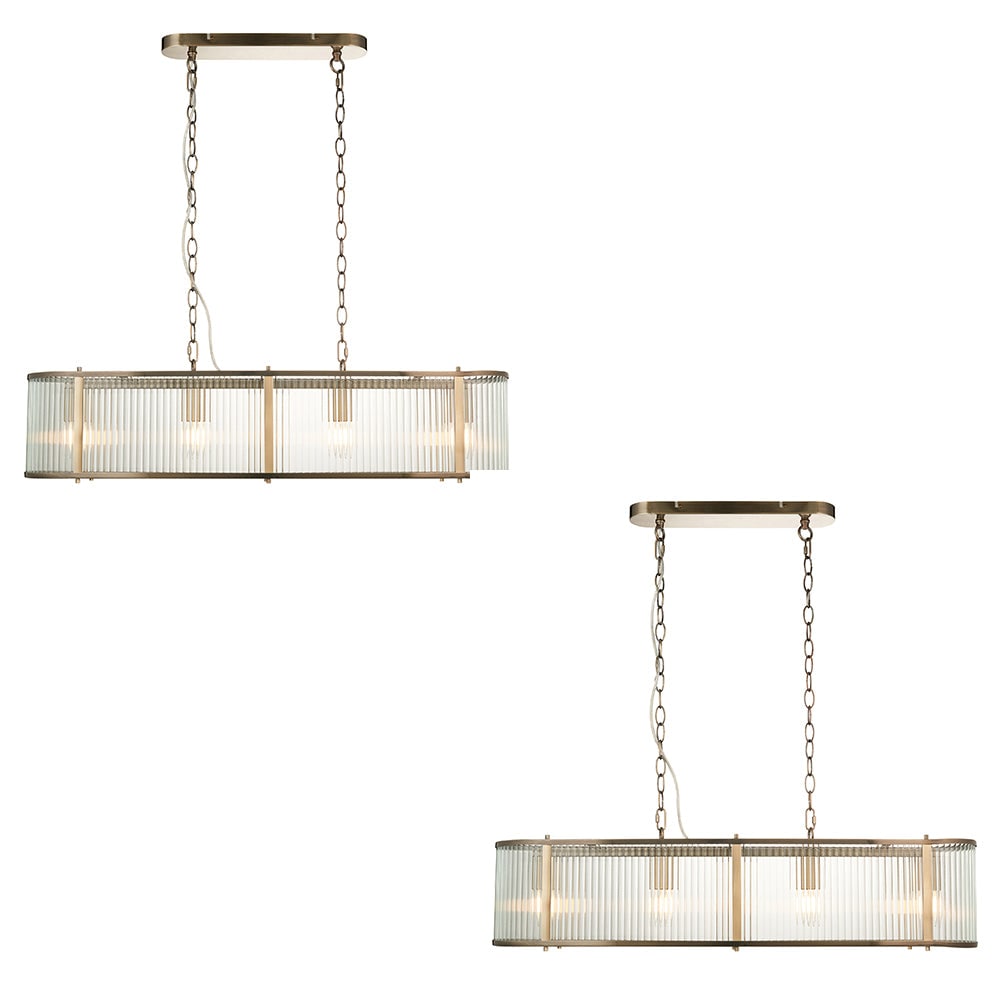 Elegant 2 Pack of Antique Brass Hanging Ceiling Pendant Lights with Ribbed Glass