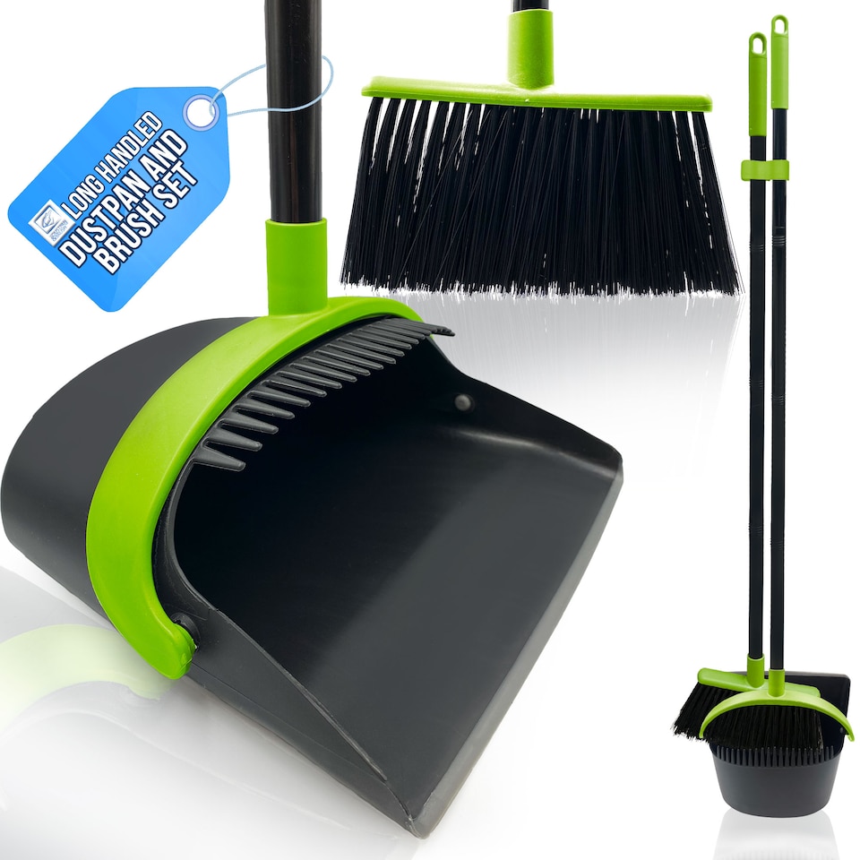 image 1 of Long Handled Dustpan and Brush Set Upright Sweeping Broom with Built-In Bristle Cleaner