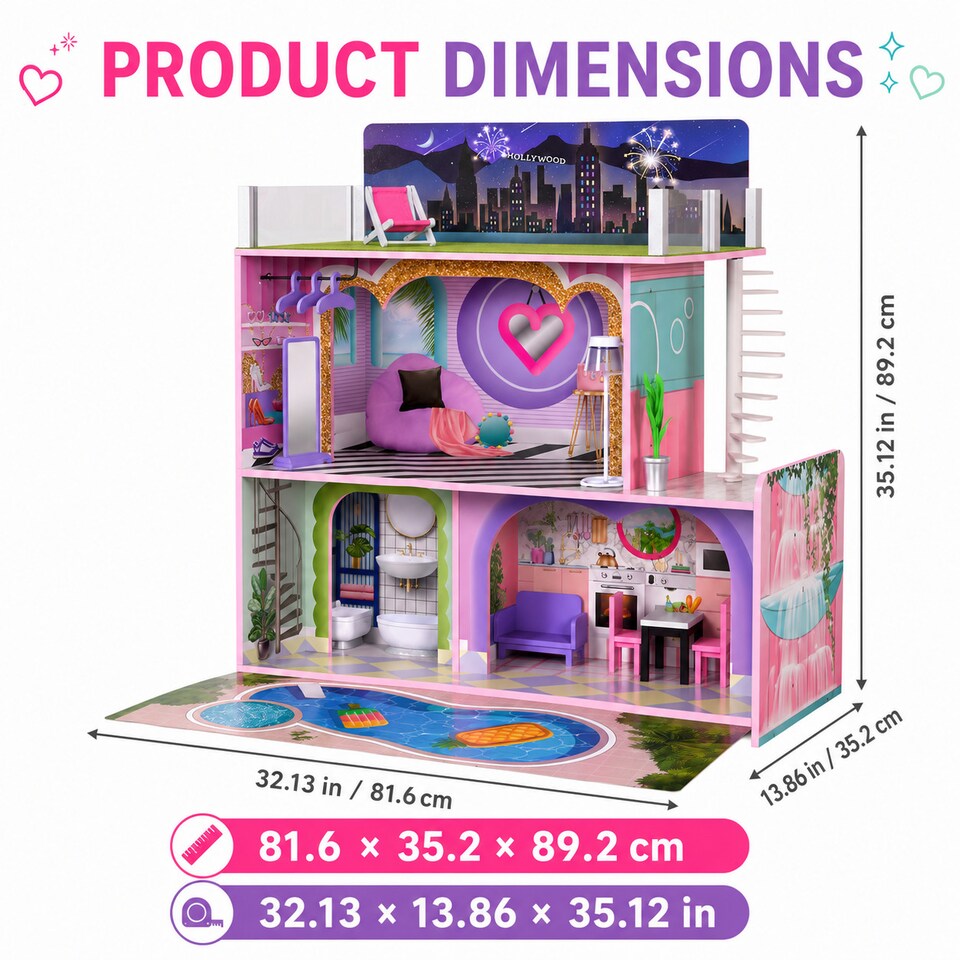 image 1 of Teamson Kids Wooden Dollhouse, 3 Levels and 16 Accessories, Dreamland Sunset