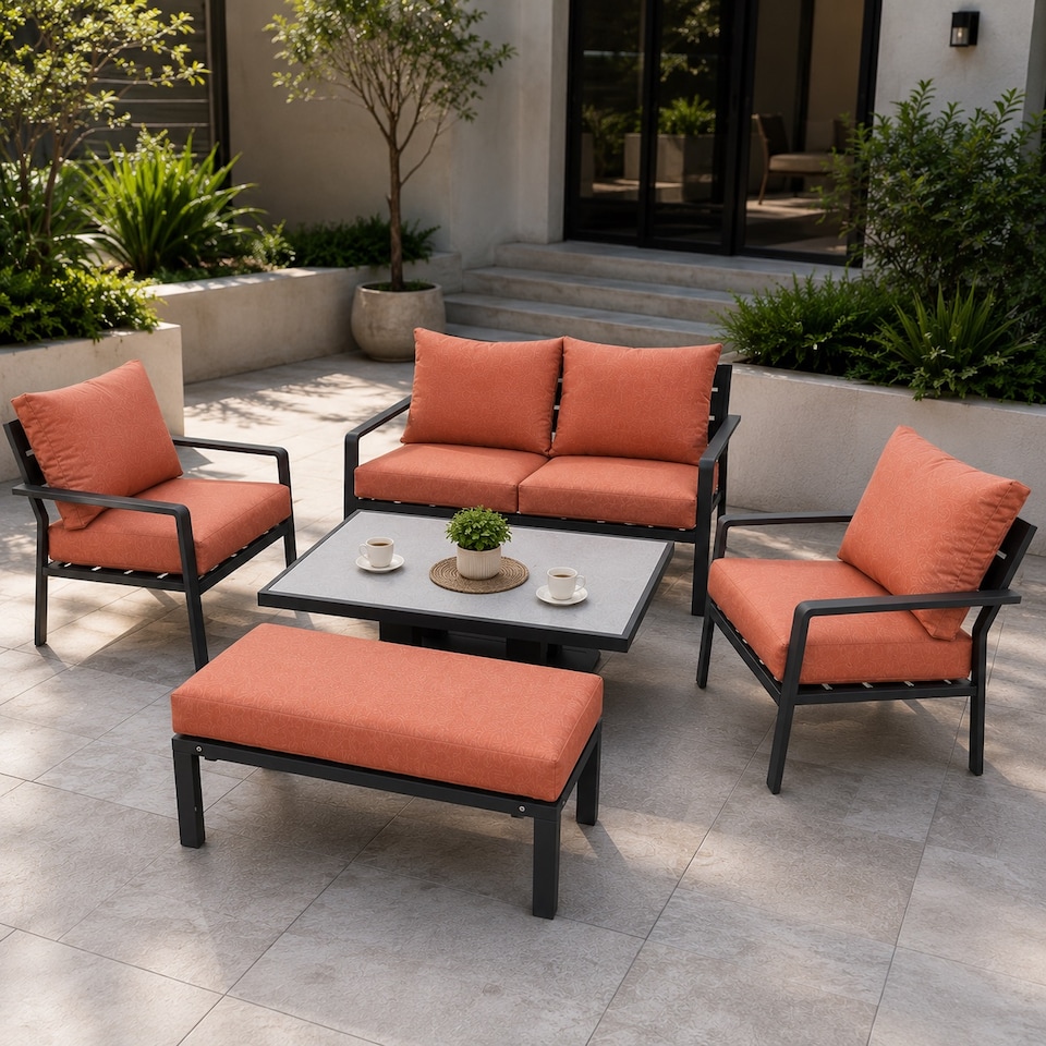 image 1 of 4 Seater 5 Piece Aluminium Garden Sofa Dining Set with Gas Lift Table, Ottoman Bench & Terracotta Cushions
