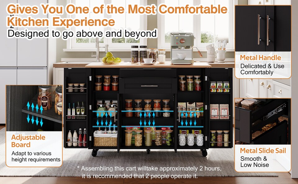 image 1 of VILUXE Mobile Kitchen Island with Foldable Worktop, Hidden Cutlery Drawer, Large Drawer, Adjustable Shelves, Door Racks, Towel Rack, Spice Rack and 5 Wheels, Black and Natural Wood
