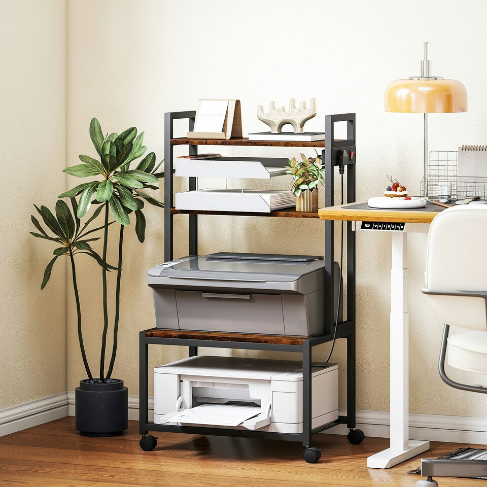 image 1 of HOMCOM 4-Tier Mobile Printer Stand with Power Outlets for Home Office Brown