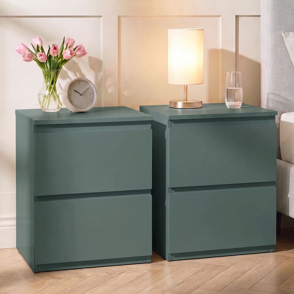 image 1 of Vida Designs Denver Large 2 Drawer Chest of Drawer Bedside Cabinet Nightstand Units Set of 2 - Green