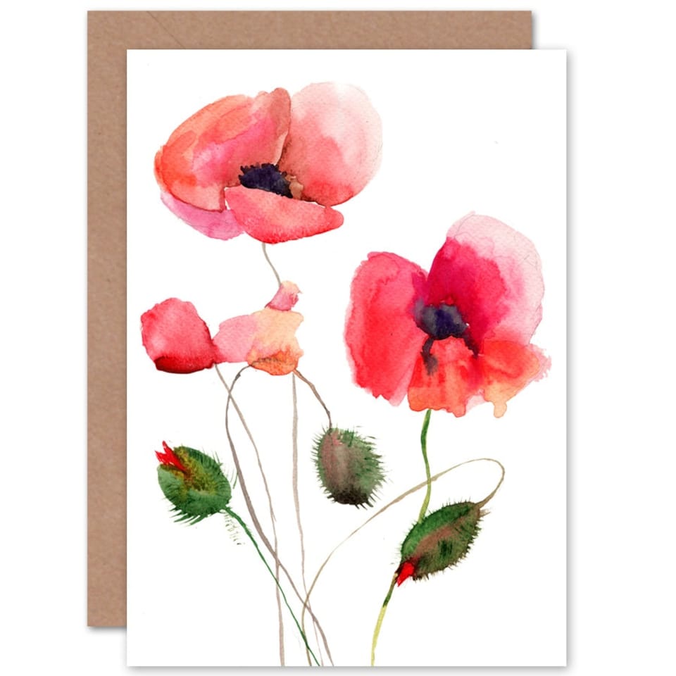 image 1 of Red Poppies Poppy Flower Simple Floral Watercolour Art Card