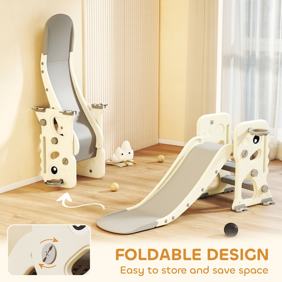 image 1 of AIYAPLAY Foldable Kids Slide with Climber, Basketball Hoop, Cream White