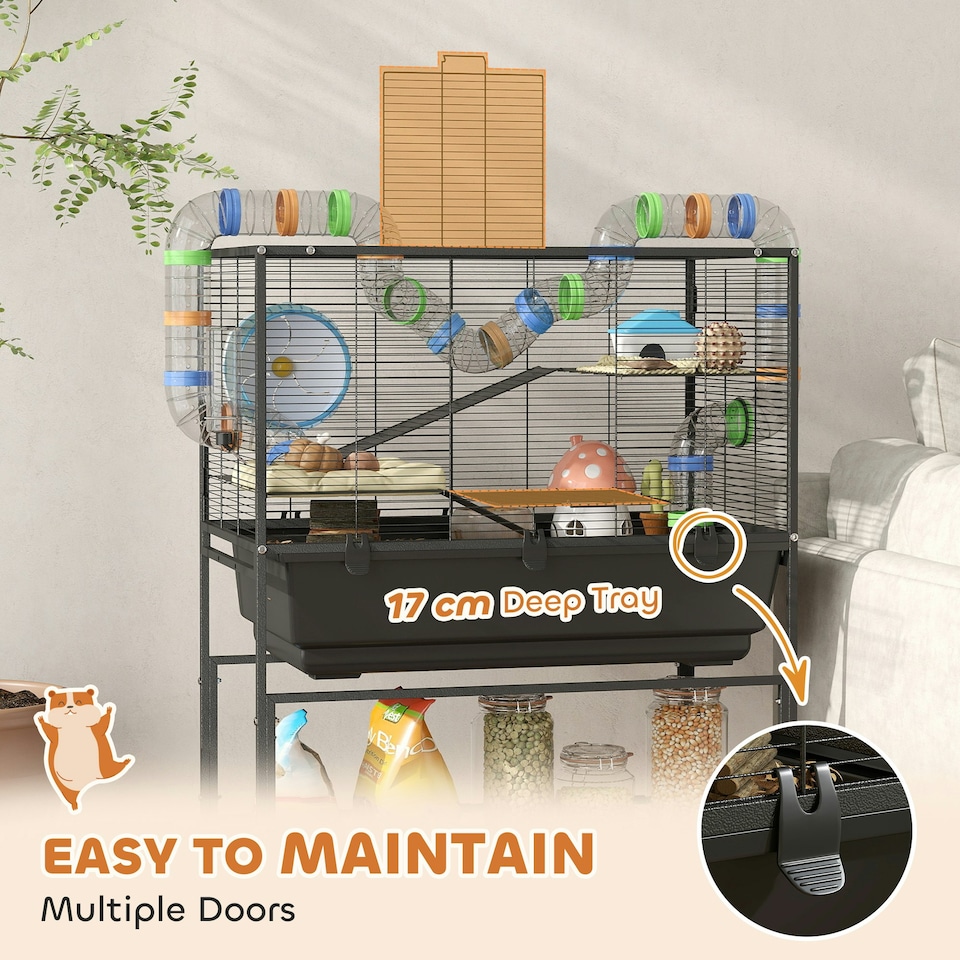 image 1 of PawHut Hamster Cage, 3 Tier Gerbil Cage on Wheels with Storage Shelf