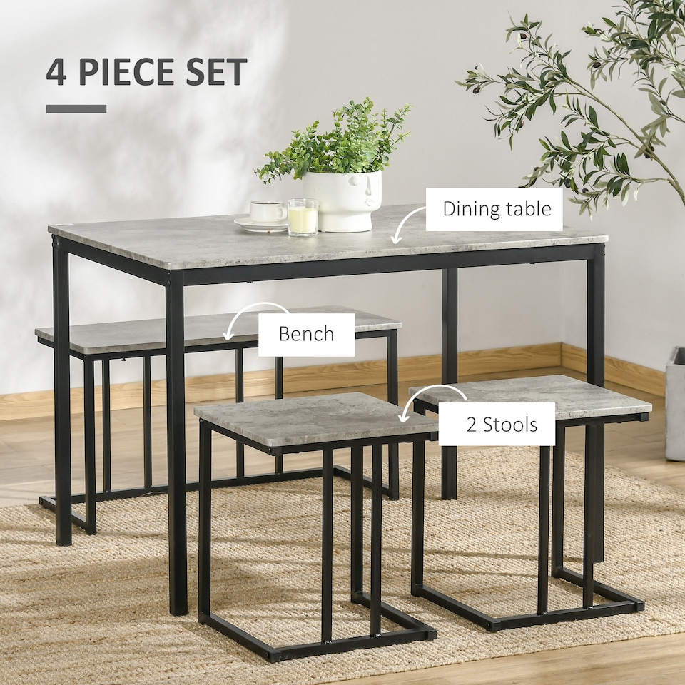 image 1 of HOMCOM Dining Table and Chairs Set for 4 People, Concrete Effect Kitchen Table and Bench Set with Steel Frame, 4 Piece Dining Room Sets, Grey