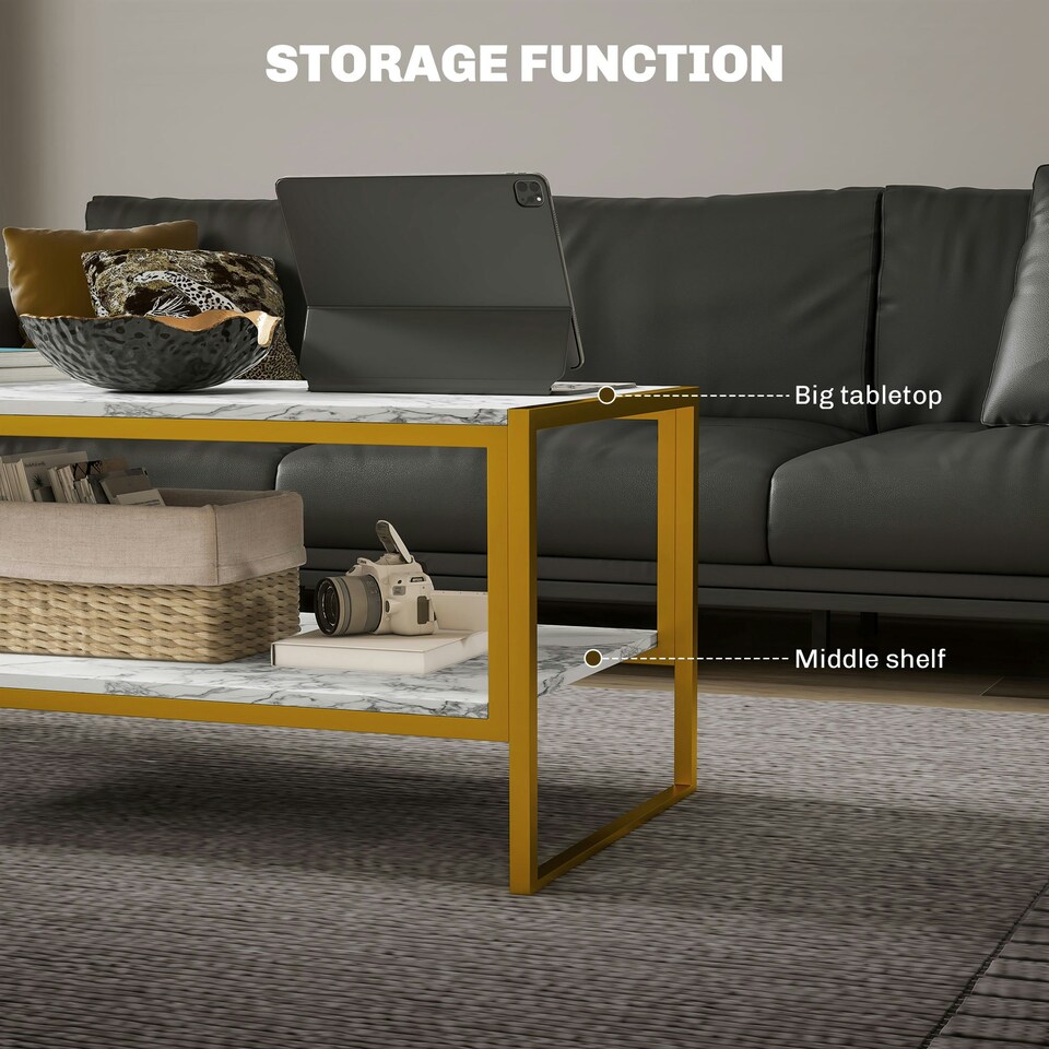 image 1 of HOMCOM Two-Tier Coffee Table with Marble Effect Shelf and Metal Frame Black