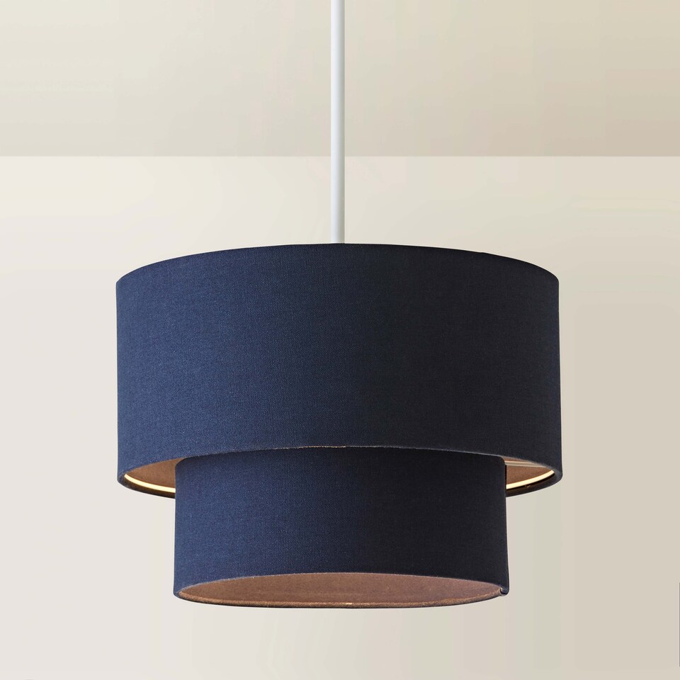 image 1 of ValueLights Jodie Two Tier Navy Linen Ceiling Drum Lamp Shade | Blue
