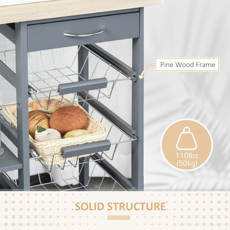 image 1 of HOMCOM Multi-Use Kitchen Island Trolley Baskets Side Racks Drawer WorktopGrey