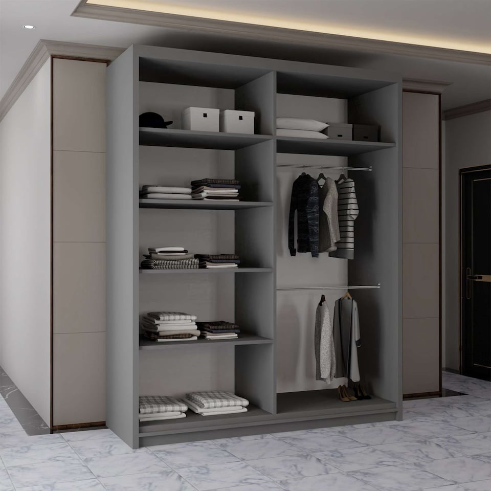 image 1 of Sliding Wardrobes 4U Modern Panelled Mirror Sliding Wardrobe – 120cm to 203cm, White, Black, Grey, Oak | Grey | Grey 150cm