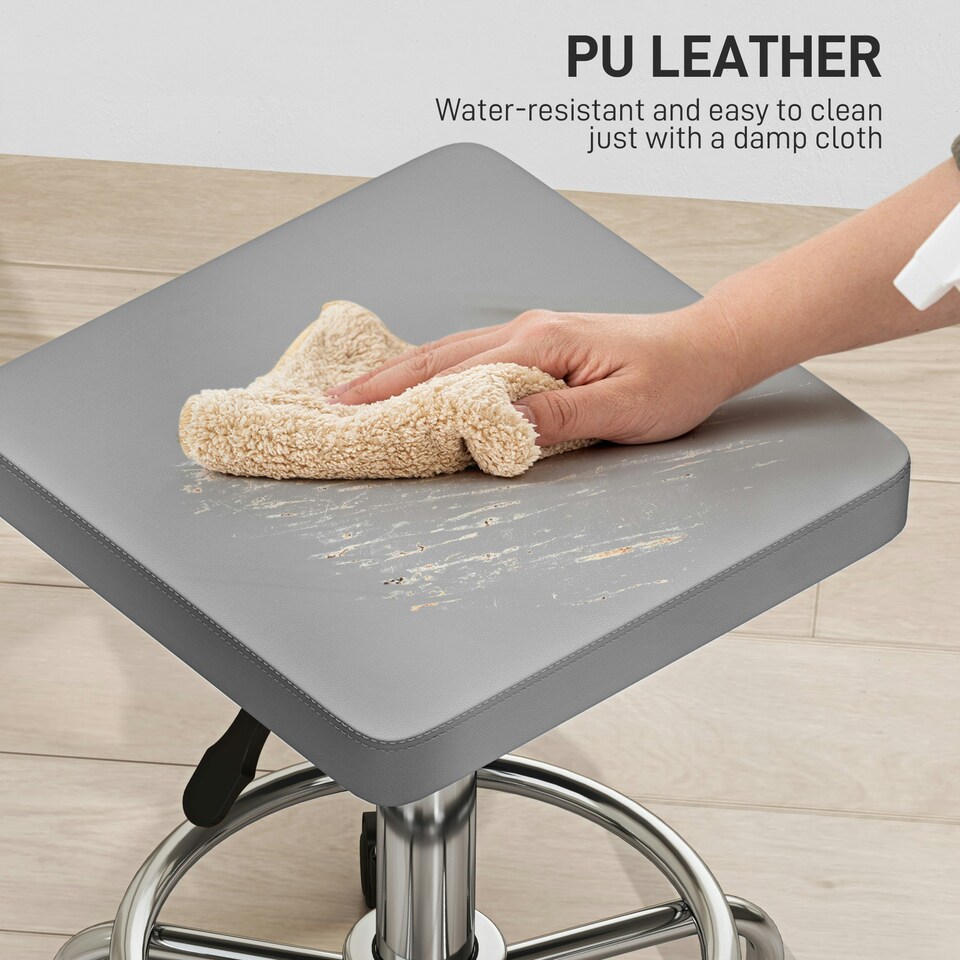 image 1 of HOMCOM PU Leather Rolling Stool, Height Adjustable Salon Chair, Grey Grey | Grey